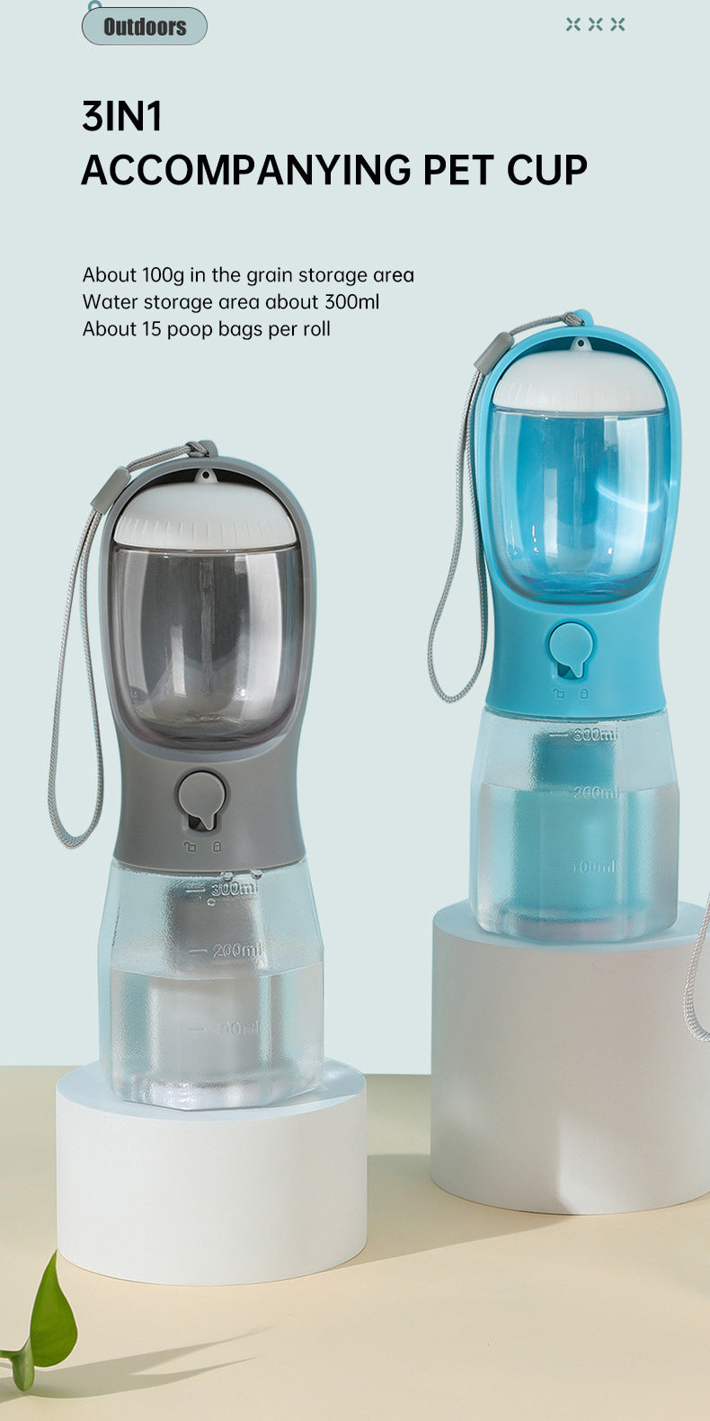 Portable Pet Water Bottle with Food Container and poop bag