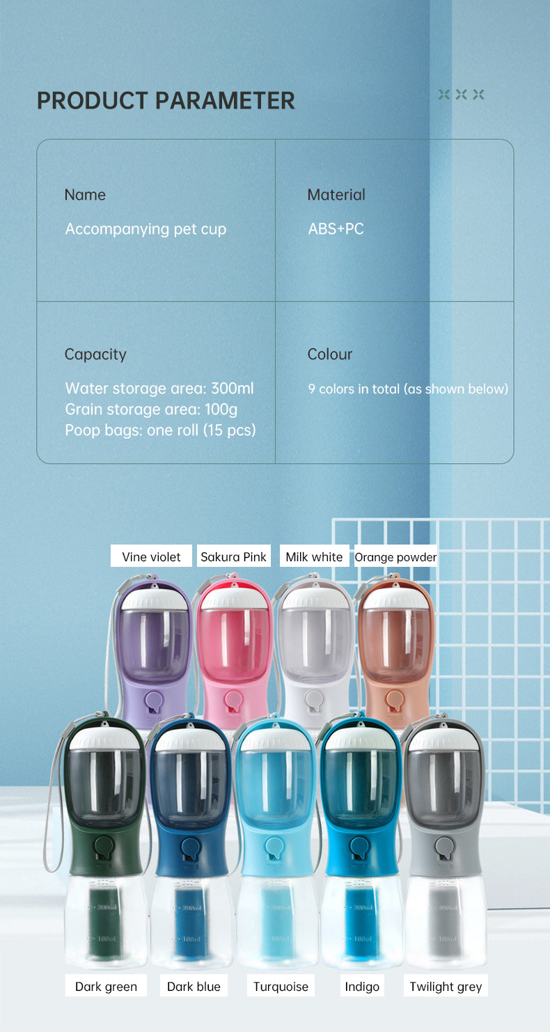 Portable Pet Water Bottle with Food Container and poop bag